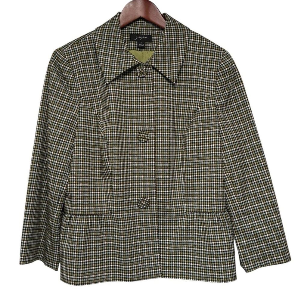 JOSEPHINE Blue Green Plaid Peplum Jacket – Size 14, Covered Buttons, Fully Lined